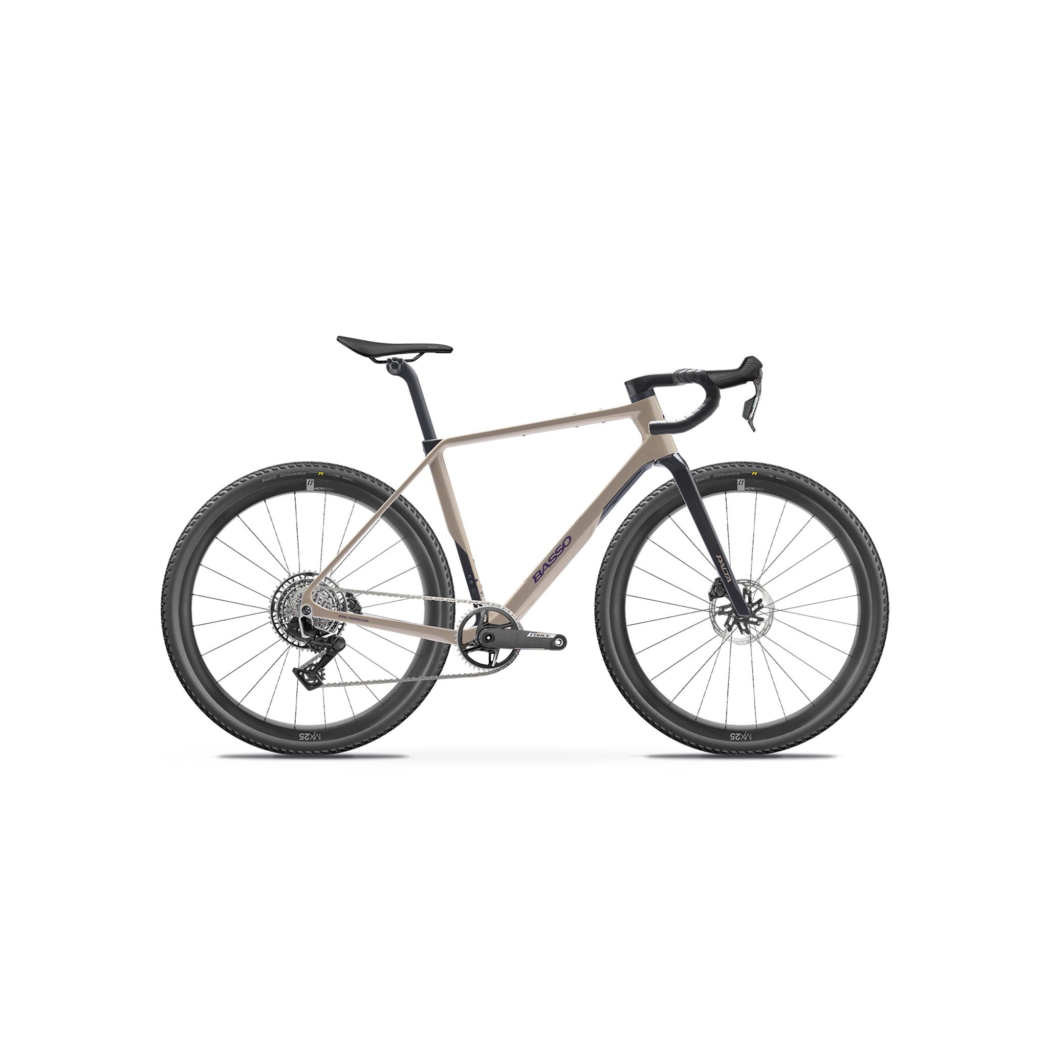 Side-on profile of the Basso Palta III in the Earth-toned Dust finish at bicycle. Richmond, London, illustrating the refined 'Fast Ground' silhouette and increased 50 / 52mm tyre clearance for elite off-road performance.