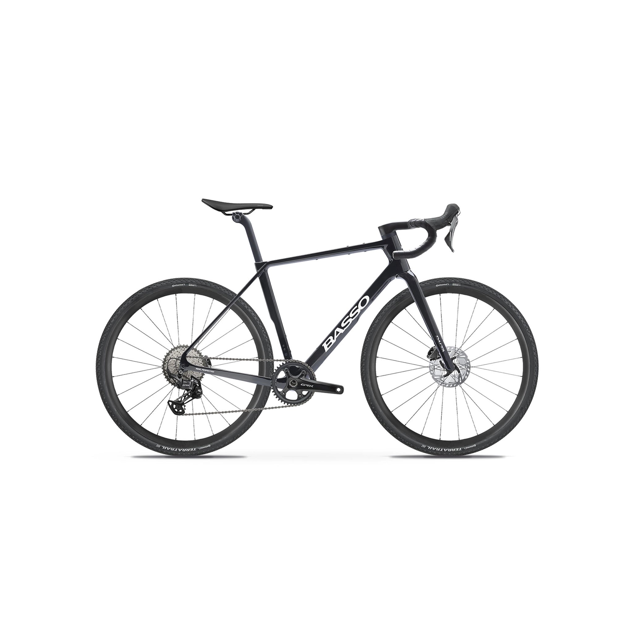 Full side-on profile of the Basso Palta III in Black at bicycle. Richmond, London, equipped with the specialist Shimano GRX groupset and integrated Paradigma cockpit for optimised mechanical reliability and control on technical trails.