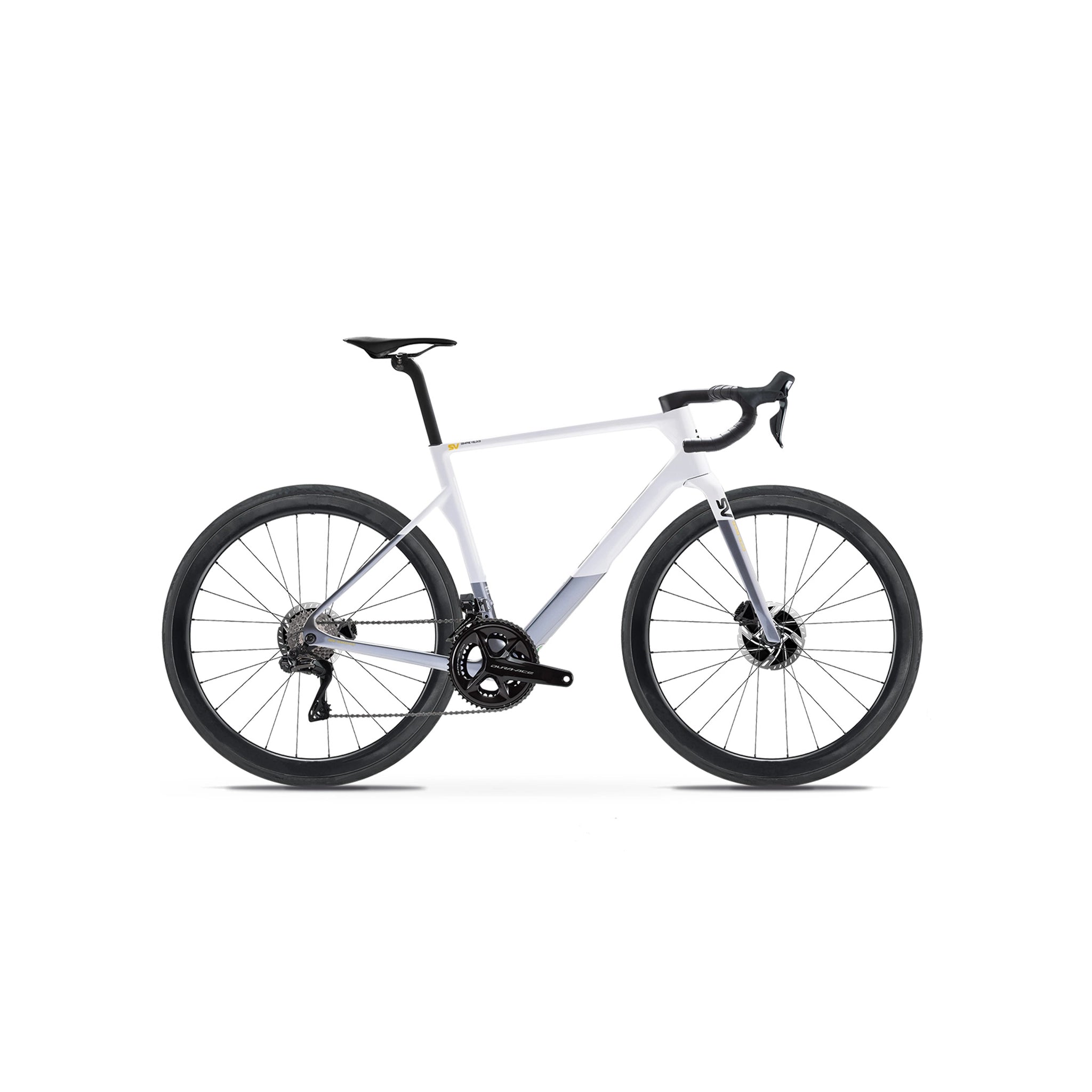 Side-on profile of the Basso Diamante SV in White at bicycle. Richmond, London, illustrating the refined aerodynamic silhouette, Shimano Dura-Ace drivetrain, and specialist Italian carbon fibre construction for elite professional road racing.