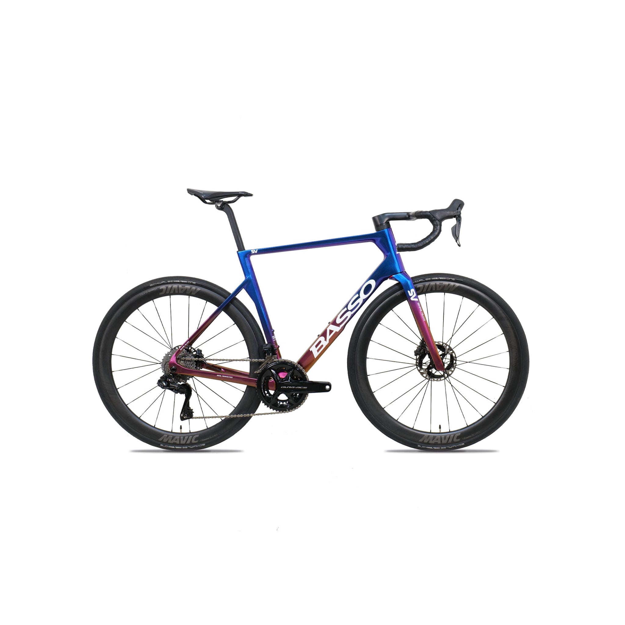 Side view of the Basso Diamante SV in the iridescent Galaxy finish at bicycle. London, showcasing the integrated aero cockpit and 3B Gen 2 vibration-dampening system for maximised speed and comfort on technical descents.