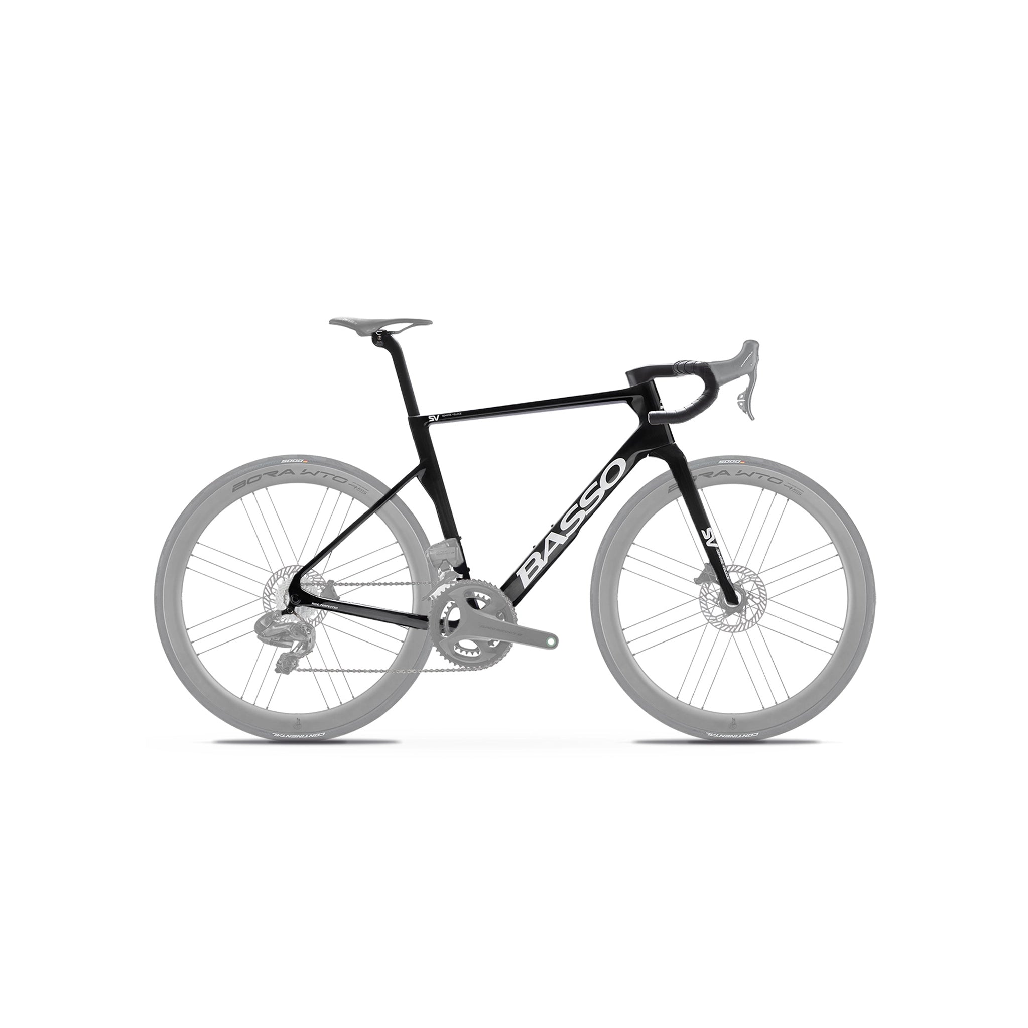 Full side-on profile of the Basso Diamante SV specialist road frameset in Black at bicycle. Richmond, London, featuring the proprietary 3B Gen 2 seatpost system and a sleek, high-modulus carbon fibre aero silhouette.