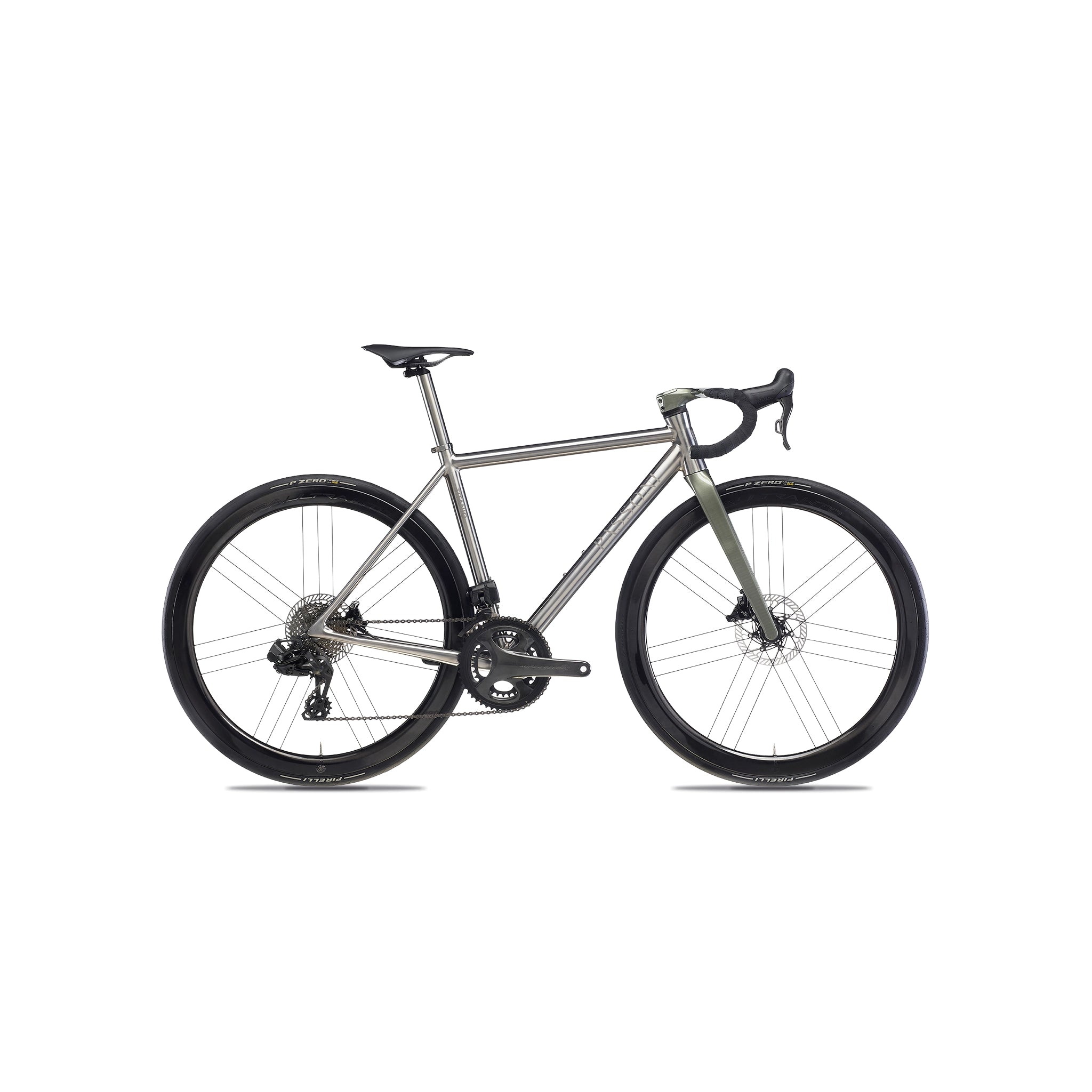 Full side-on profile of the bespoke Passoni OmniTitanium specialist road bike at bicycle. Richmond, London, featuring a made-to-measure Grade 9 titanium frame, hand-polished satin finish, and optimised Italian racing geometry for elite performance.