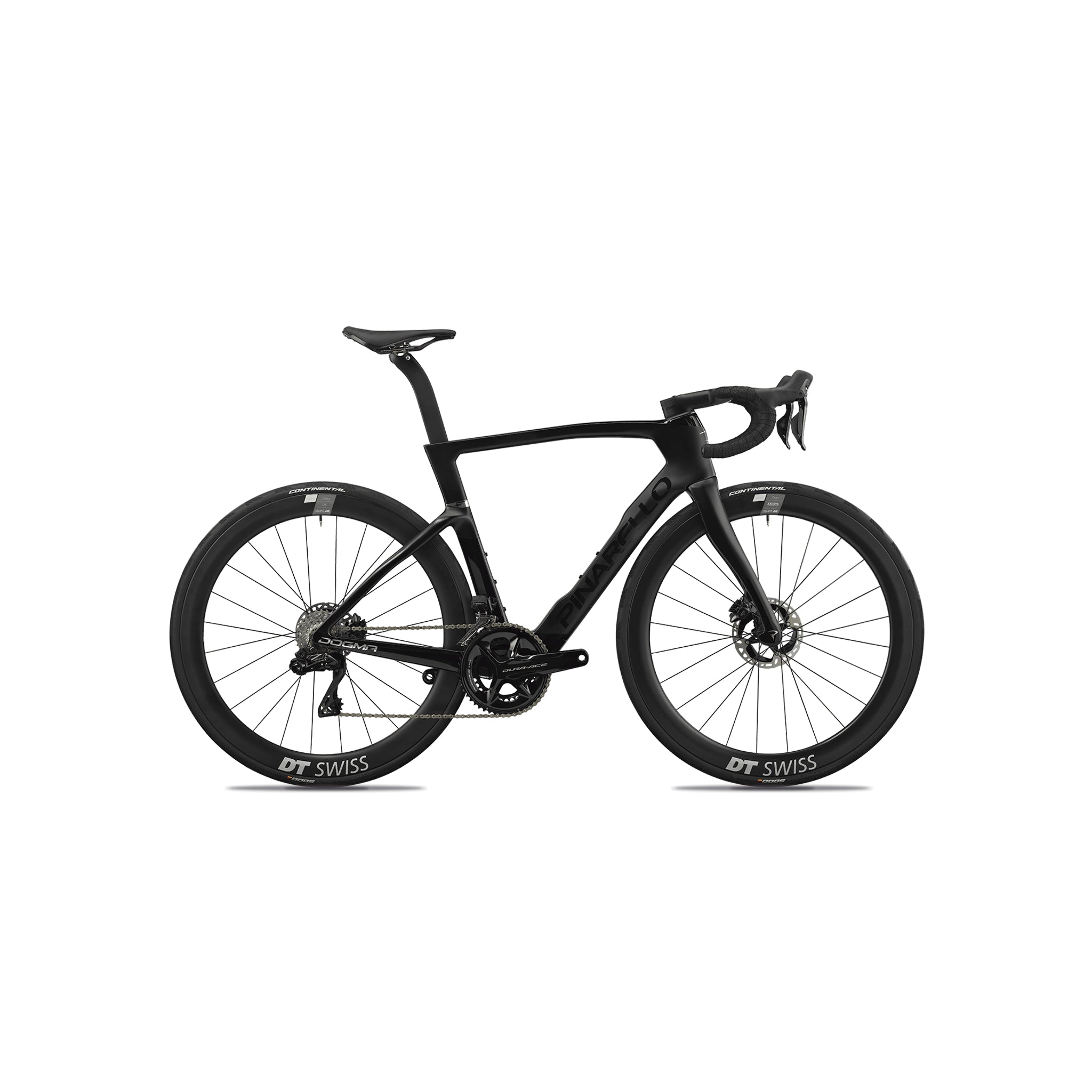 Side view of the Pinarello Dogma F specialist frame at bicycle. London, showcasing the redesigned Onda fork and Aero-Head tube for optimised airflow and steering precision.