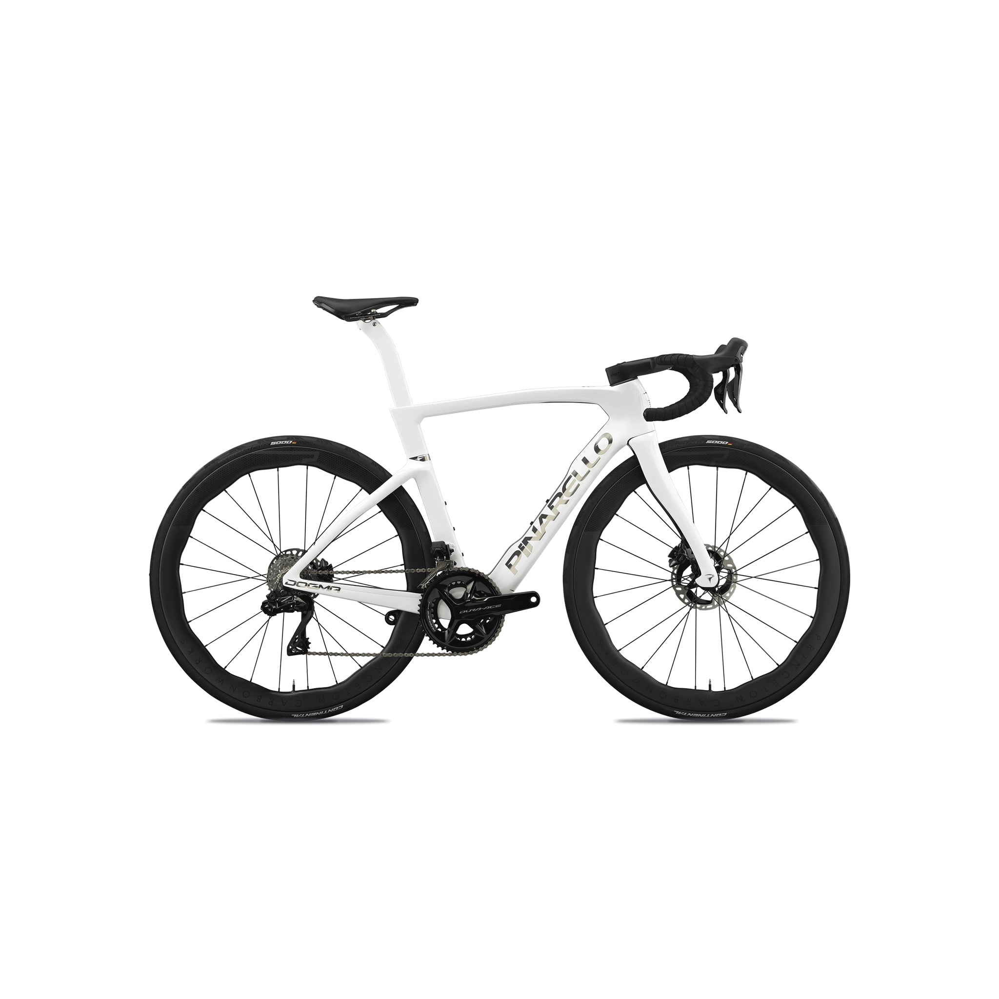 Full side-on profile of the New Pinarello Dogma F specialist racing frame kit at bicycle. Richmond, London, featuring the flagship TorayCa T1100 1K carbon fibre construction and World-Tour winning aerodynamics.