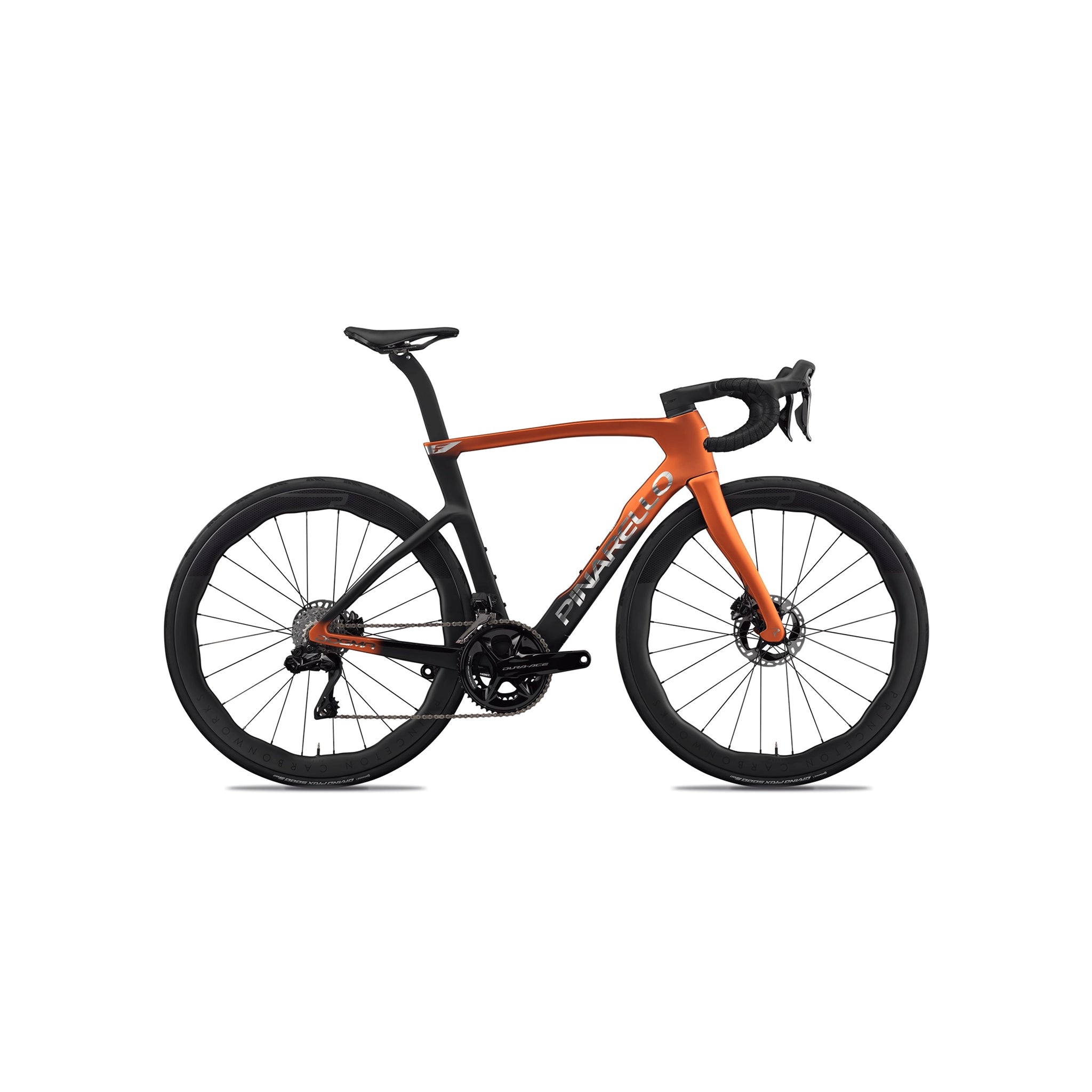 Full side-on profile of the New Pinarello Dogma F specialist racing bike at bicycle. Richmond, London, featuring the flagship TorayCa T1100 1K carbon fibre frame and World-Tour winning aerodynamic geometry.