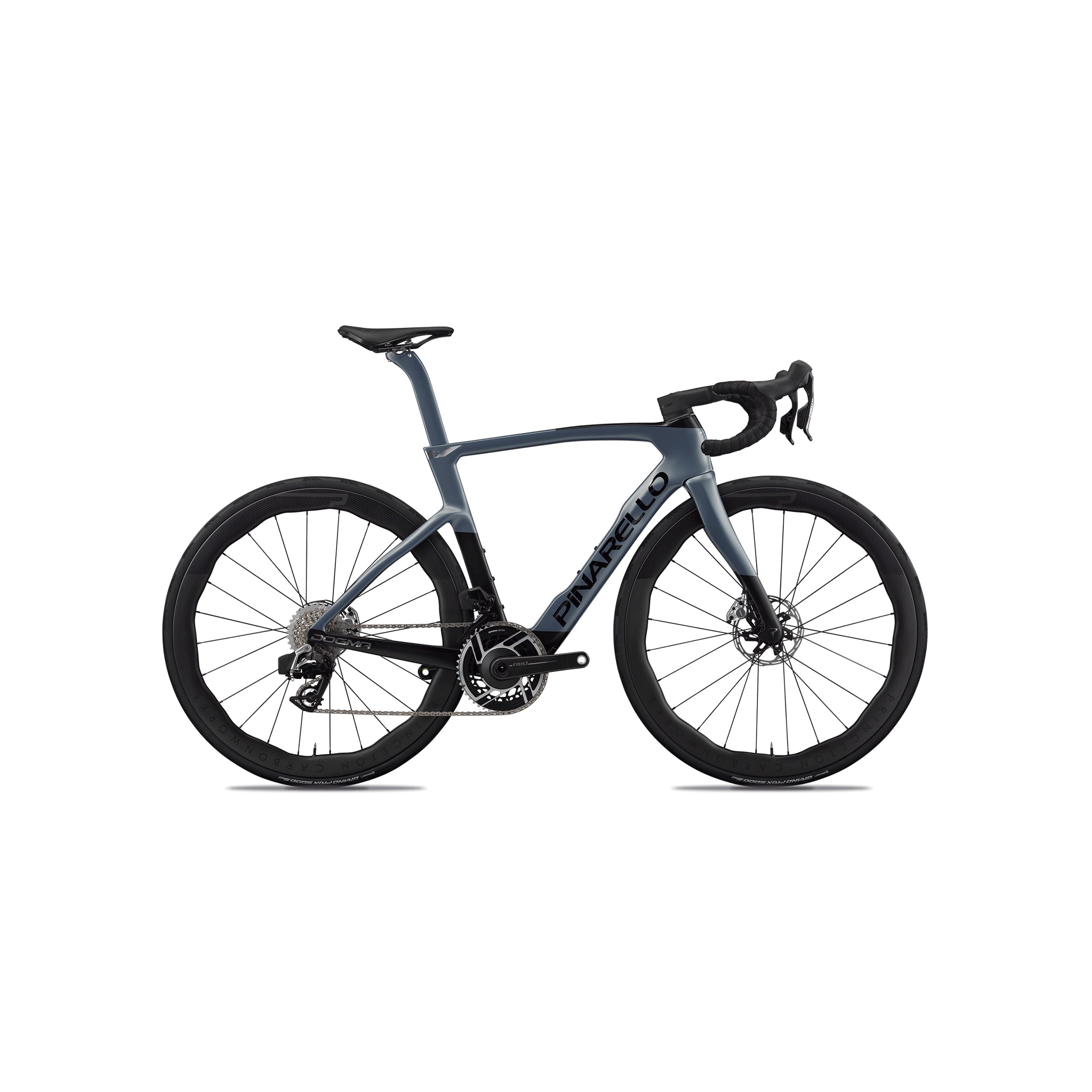 Detailed side profile of the Pinarello Dogma F frame kit at bicycle. Richmond, highlighting the truncated aerofoil tube shapes and integrated seat post design for maximised speed and efficiency.
