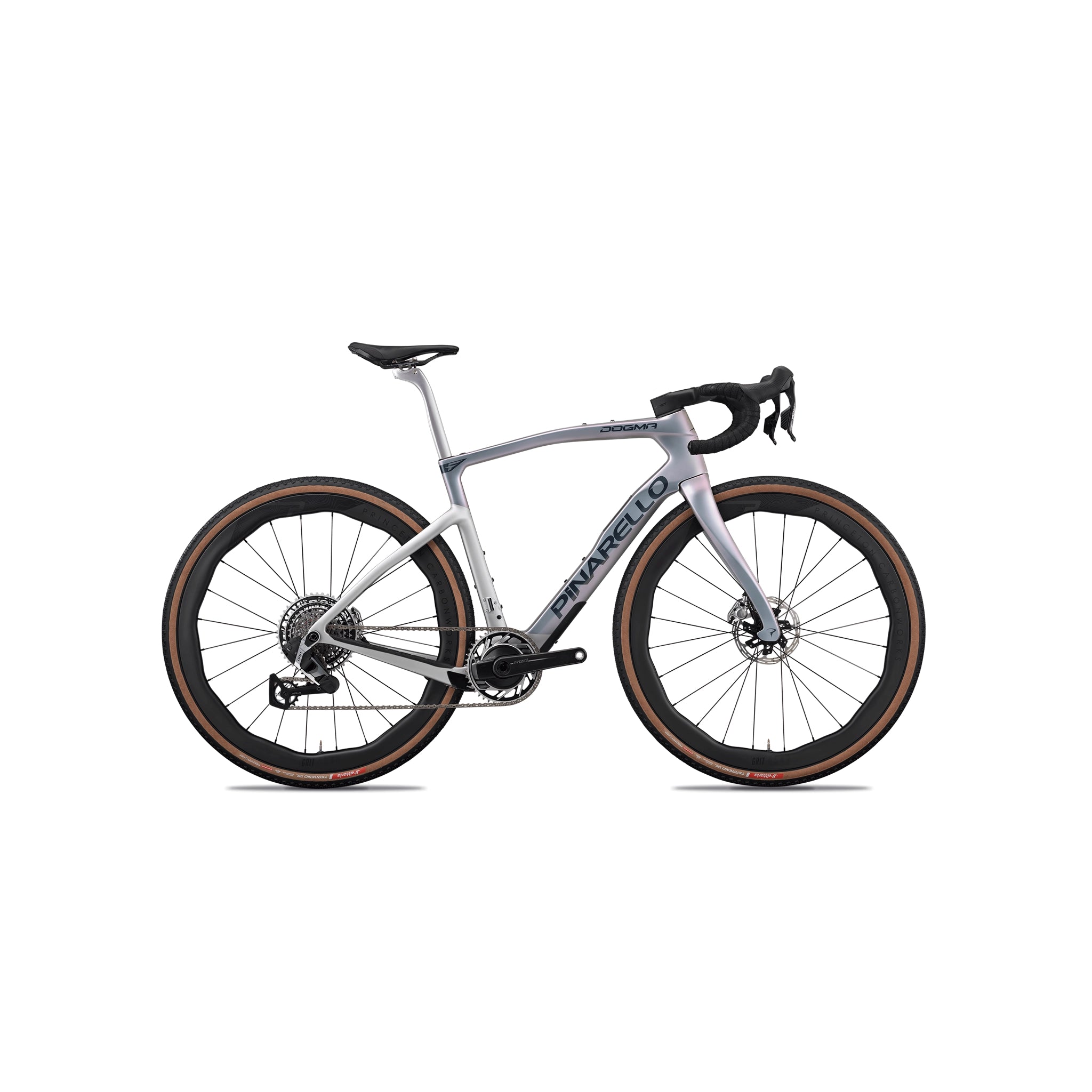 Full side-on profile of the Pinarello Dogma GR specialist gravel frame kit at bicycle. Richmond, London, featuring the flagship TorayCa T1100 1K carbon fibre construction and race-proven gravel competition geometry.