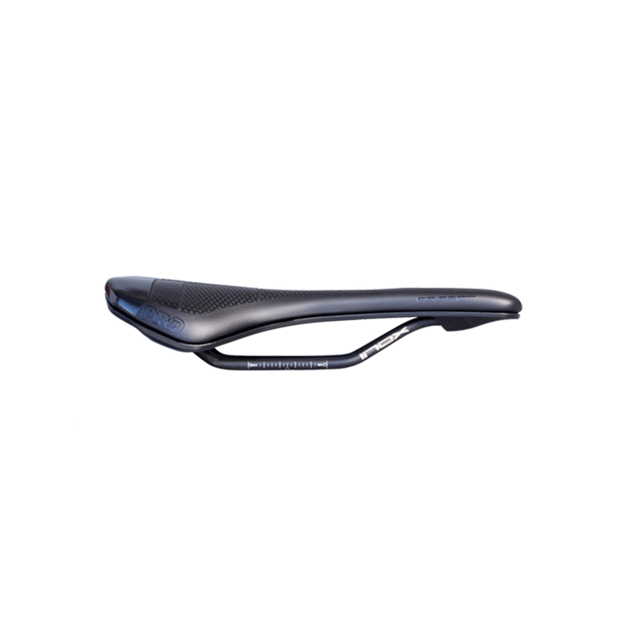 Side profile of the PRO Griffon Gel saddle at bicycle. Richmond, London, featuring vibration-absorbing padding and gel inserts for specialist comfort.