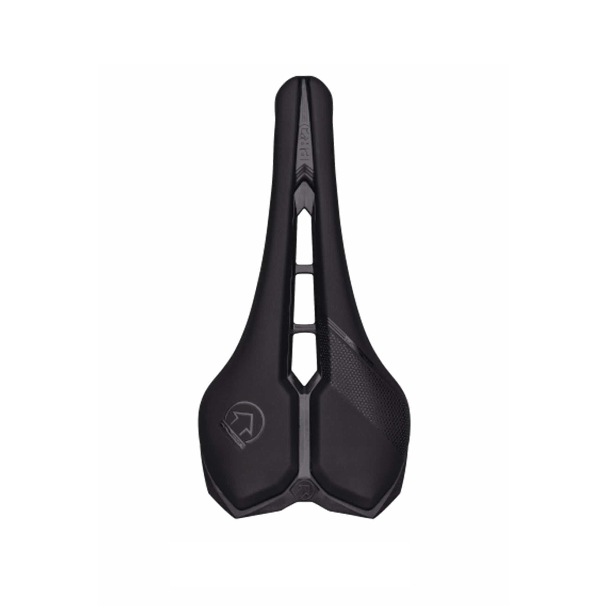 Top-down view of the PRO Griffon Team road saddle at bicycle. London, showing the rounded rear profile and inmolded carbon base construction.