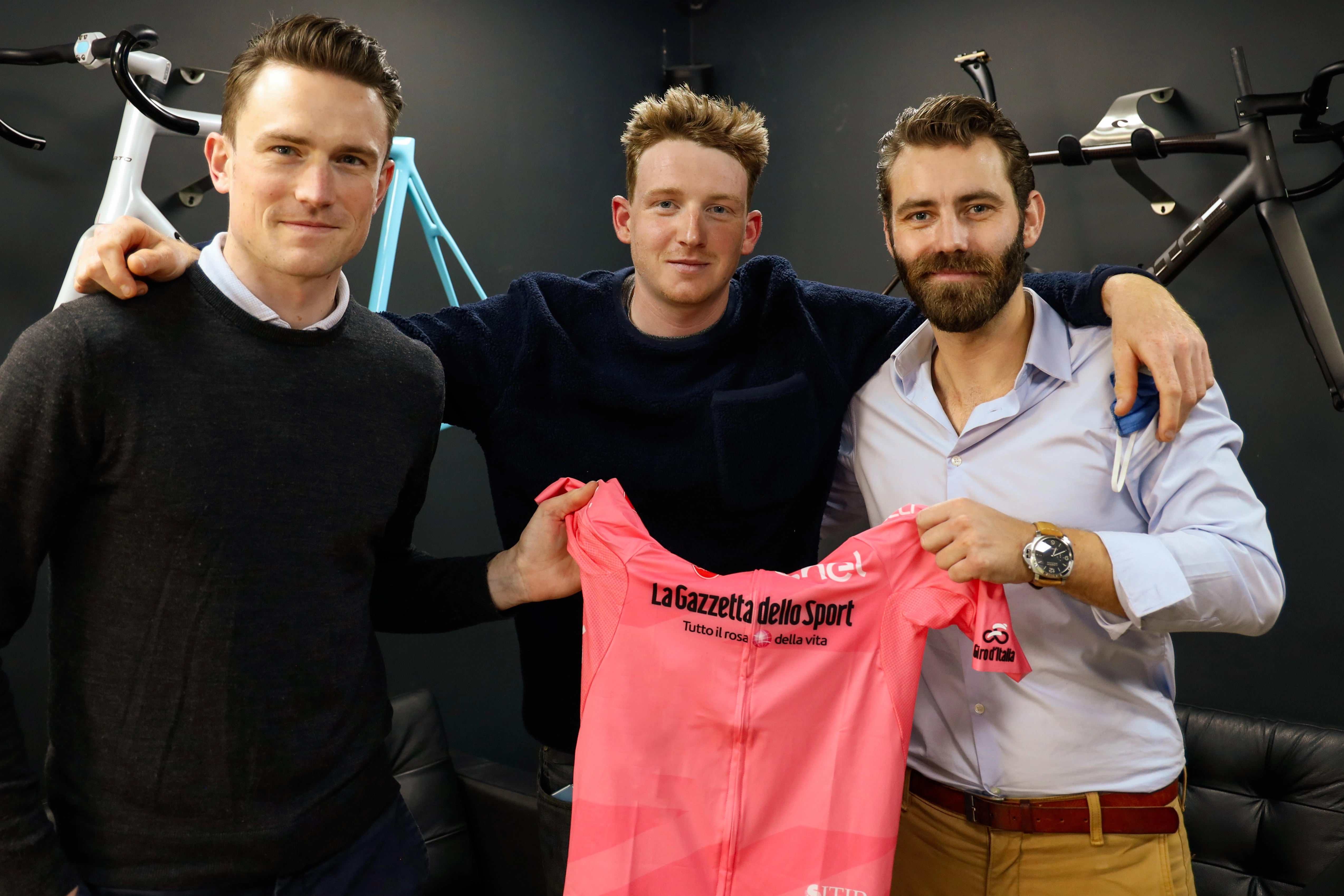 bicycle. owner James Thomas and expert fitter Andy Fenn with 2020 Giro d'Italia winner Tao Geoghegan Hart at our Richmond studio, highlighting our elite level of professional fitting expertise for World Tour athletes.