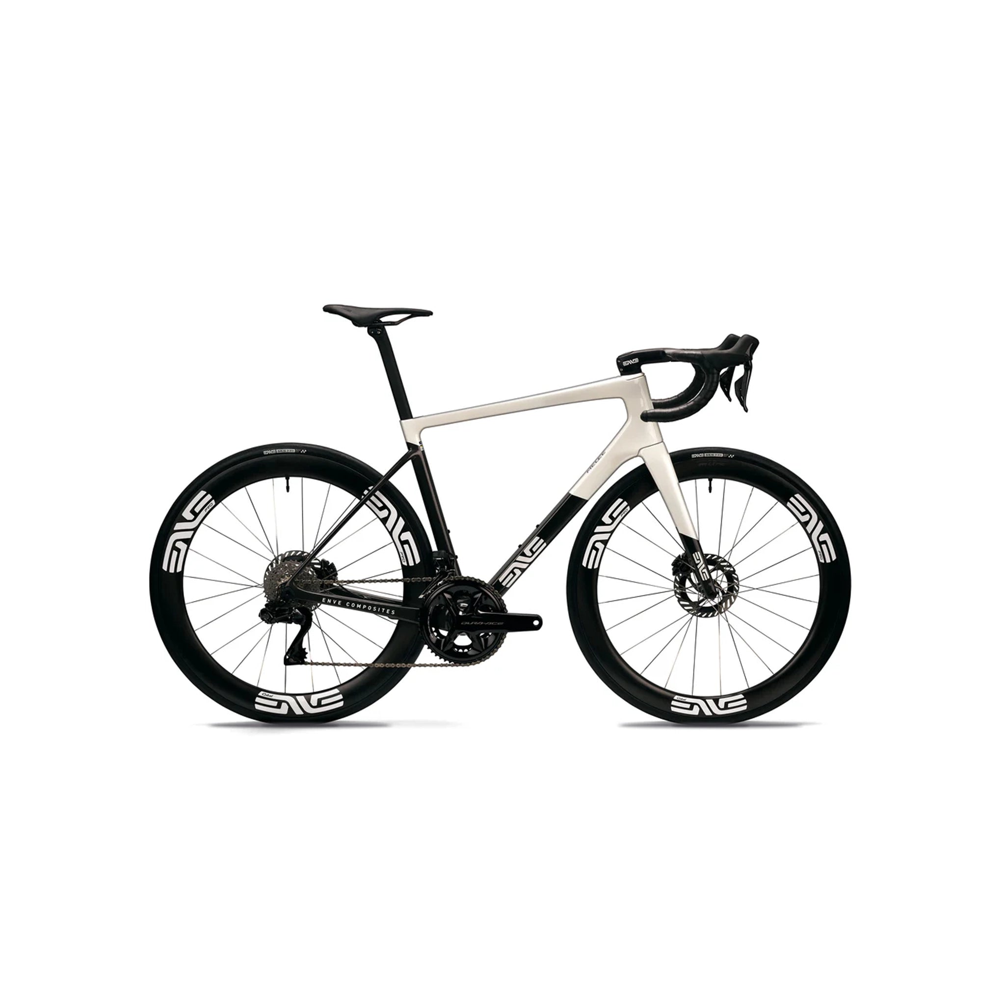 Side view of the ENVE Melee specialist road bike in Aspen White at bicycle. London, showcasing the clean aerodynamic silhouette and maximised 35mm tyre clearance for high-speed versatility on any road.