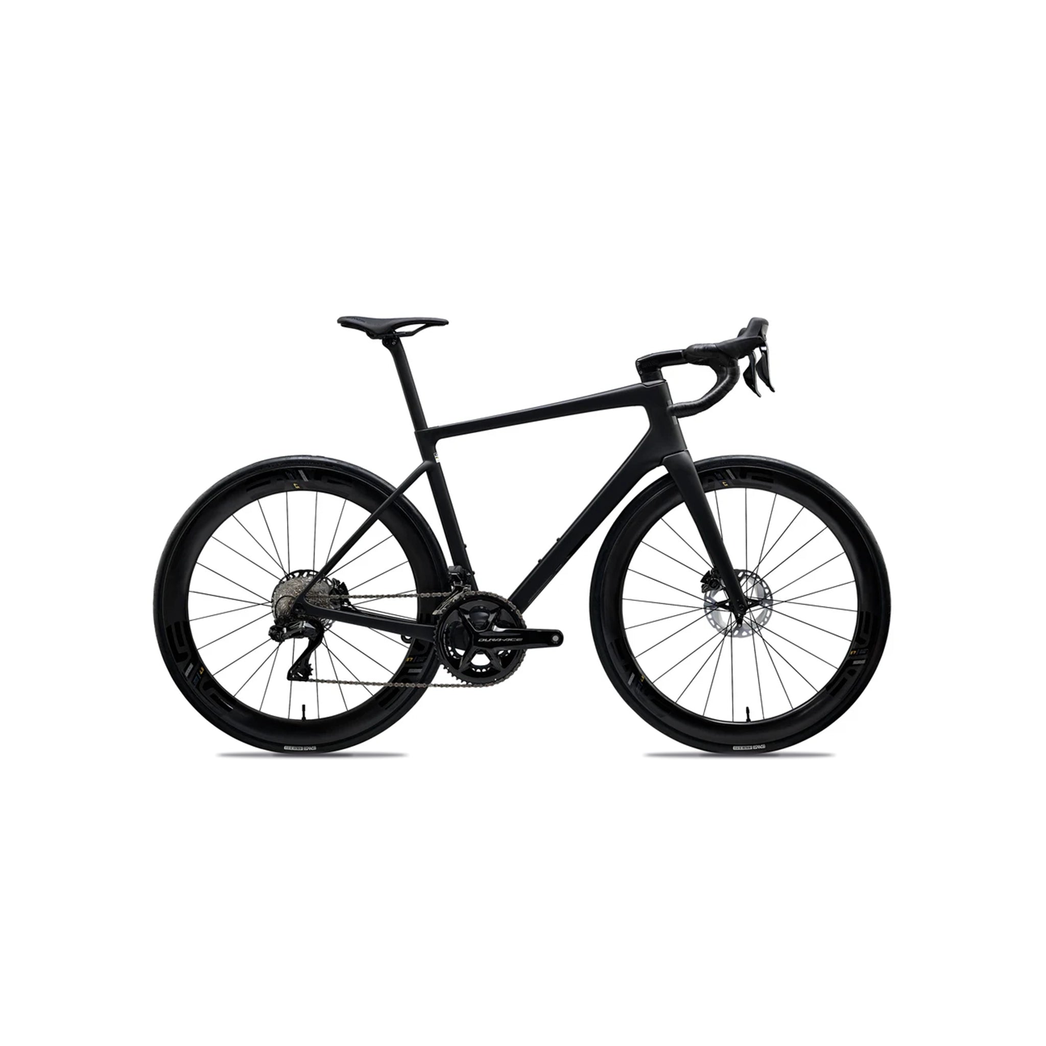 Side-on profile of the ENVE Melee in Black at bicycle. Richmond, London, illustrating the refined specialist carbon layup and integrated cockpit designed for maximised power transfer and professional-level speed.