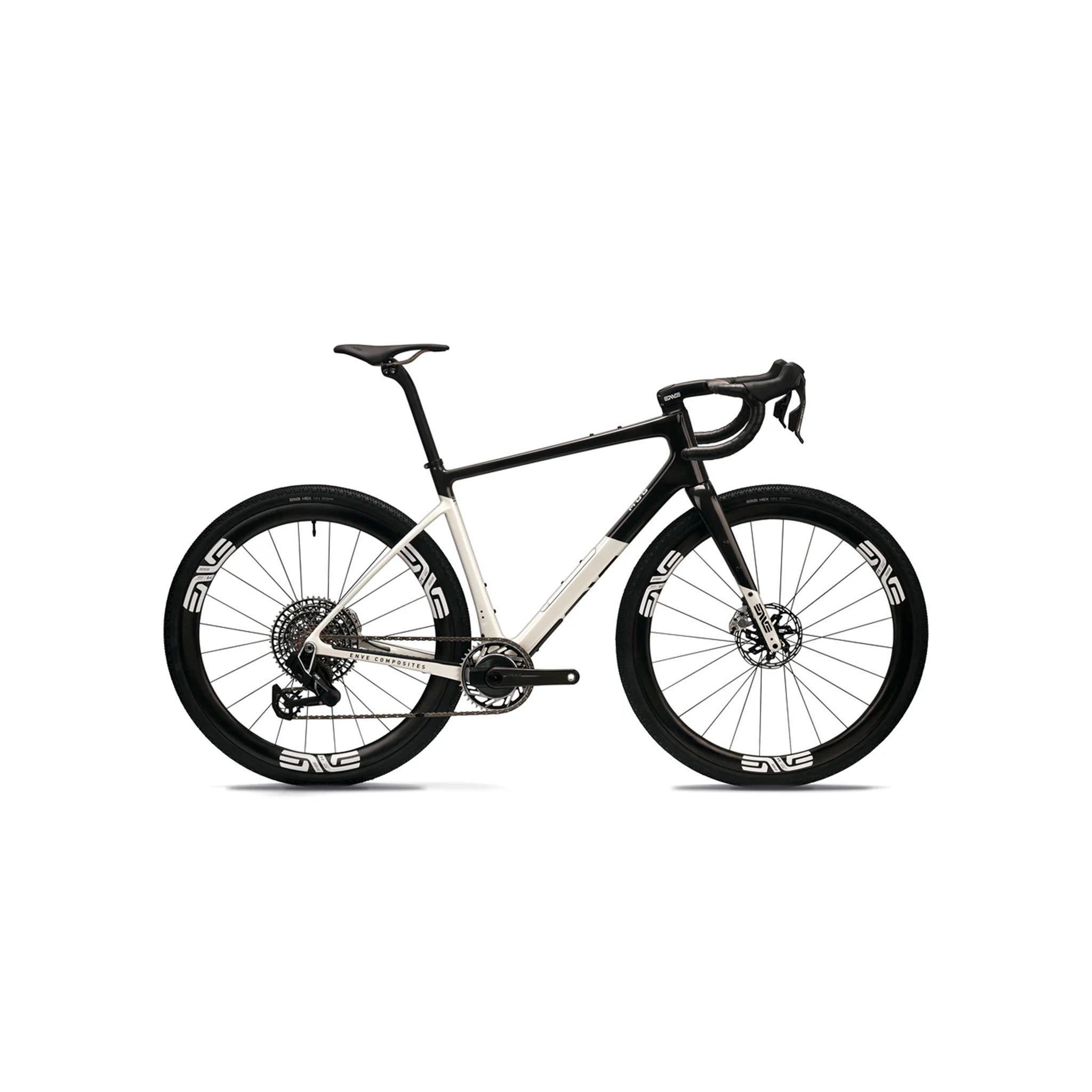 Full side-on profile of the ENVE MOG specialist gravel bike in Aspen White at bicycle. Richmond, London, featuring a premium carbon fibre frame, 50mm tyre clearance, and optimised aerodynamic integration.