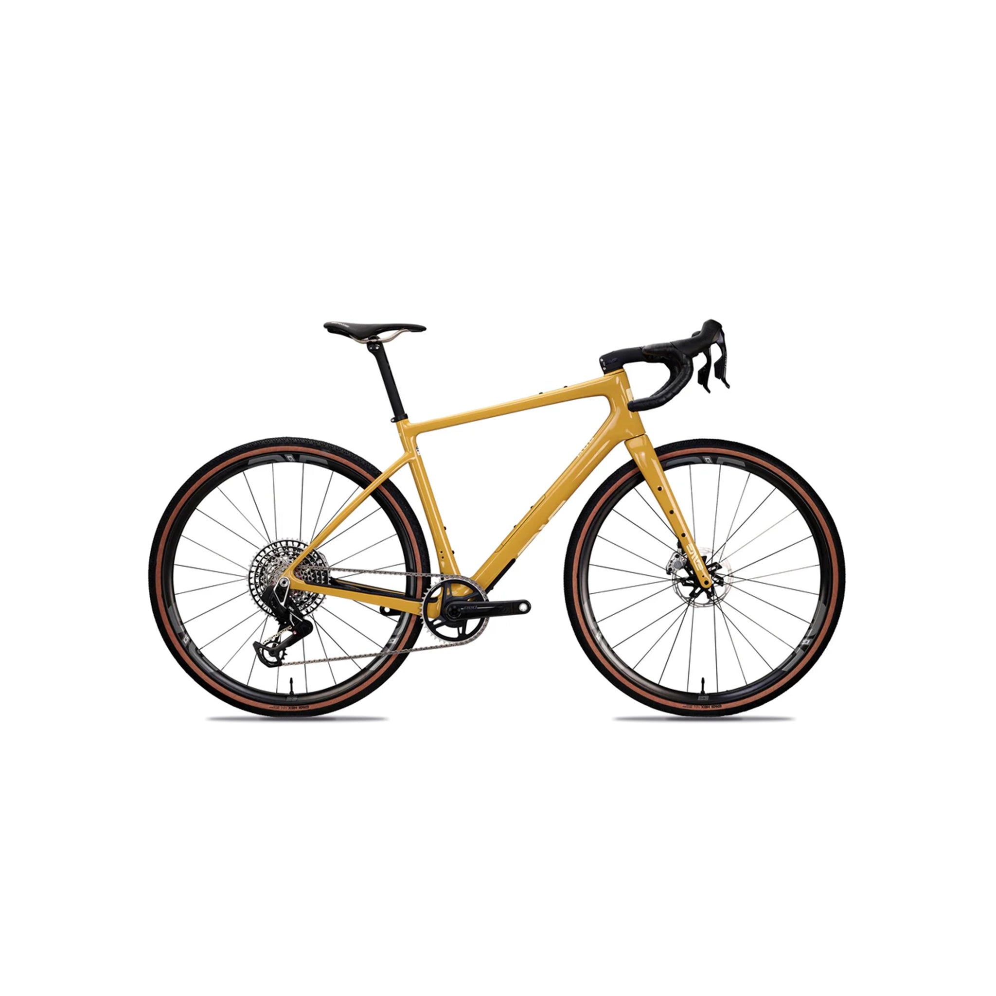 Side view of the ENVE MOG in Compass Yellow at bicycle. London, showcasing the vibrant specialist finish and integrated IN-Route cockpit for maximised performance on technical gravel trails.