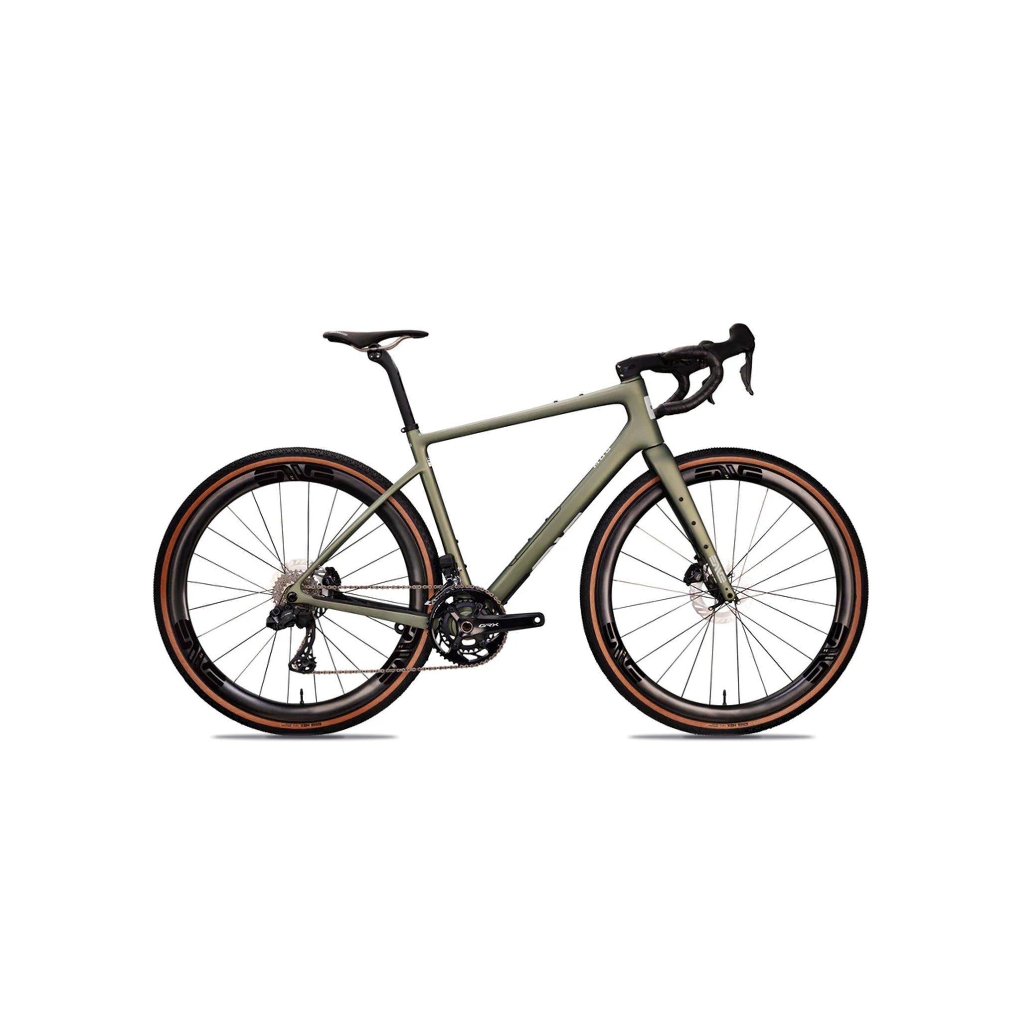 Side-on view of the ENVE MOG in Topo Green at bicycle. London, featuring the unique specialist colourway and high-performance carbon fibre layup for optimised power transfer.