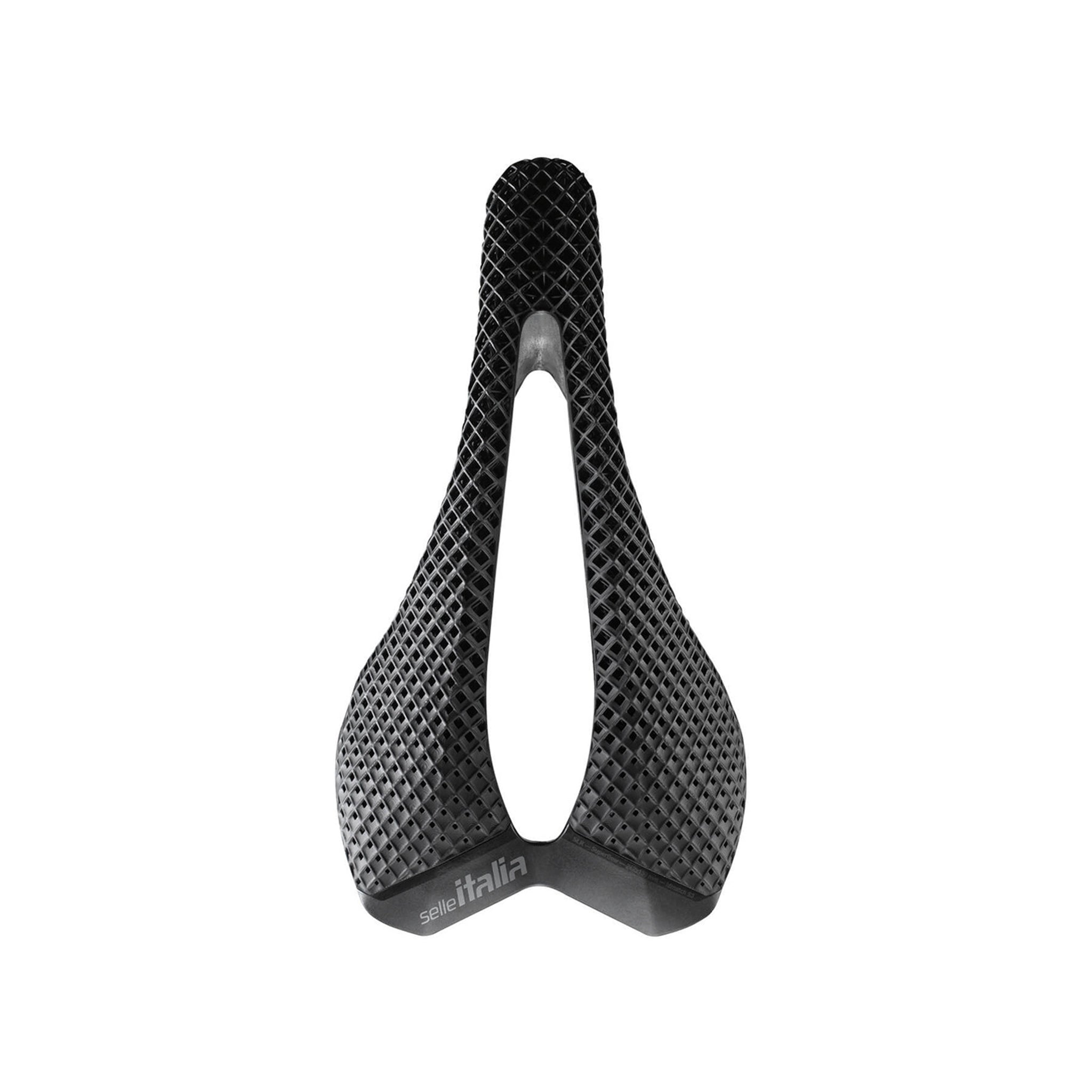 Top-down view of the Selle Italia SLR 3D Carbon at bicycle. London, showcasing differentiated cushioning zones for progressive shock absorption and optimised pressure distribution.