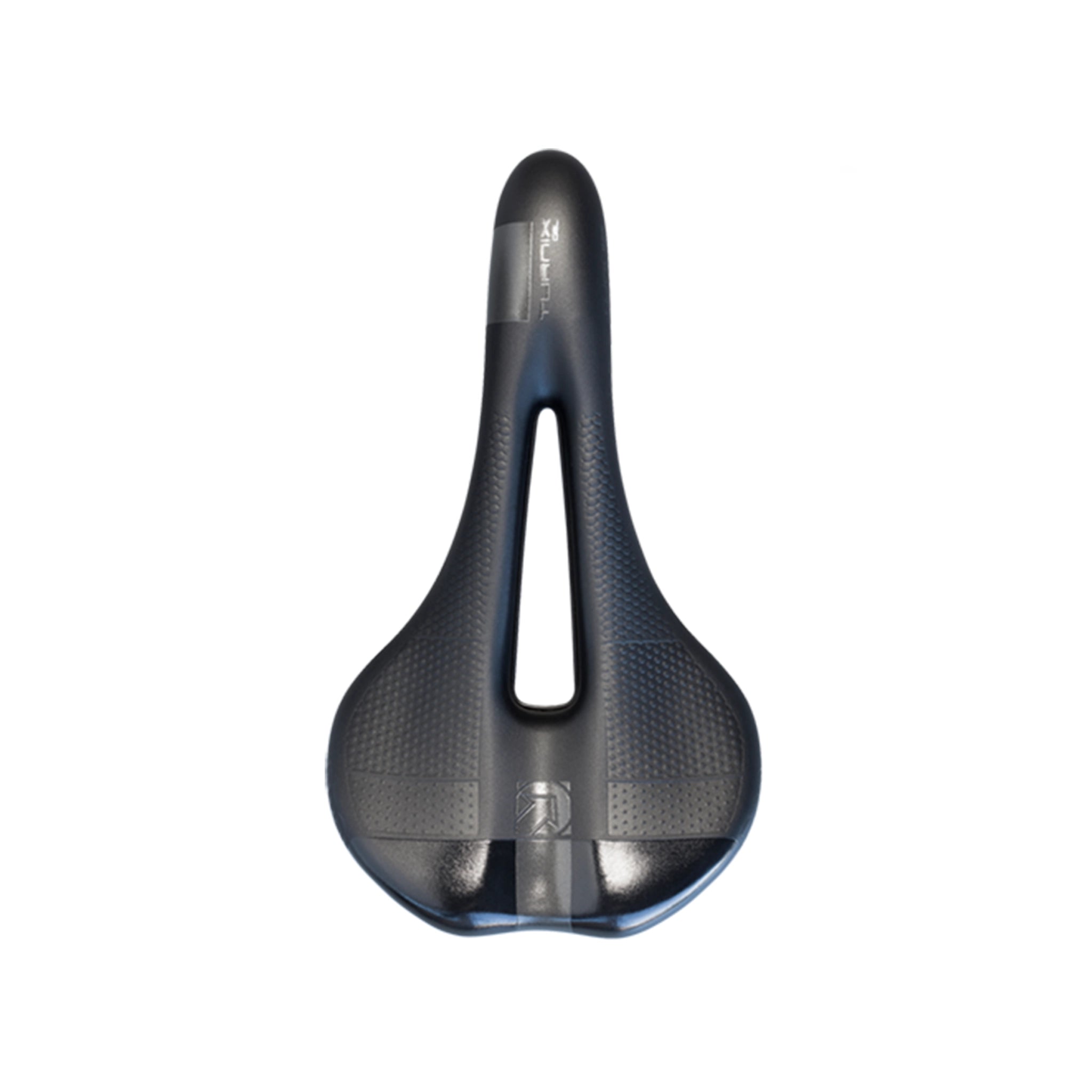 Top-down view of the PRO Turnix Gel saddle at bicycle. London, showing the anatomical pressure relief channel and specialist gel padding for balanced pressure distribution.