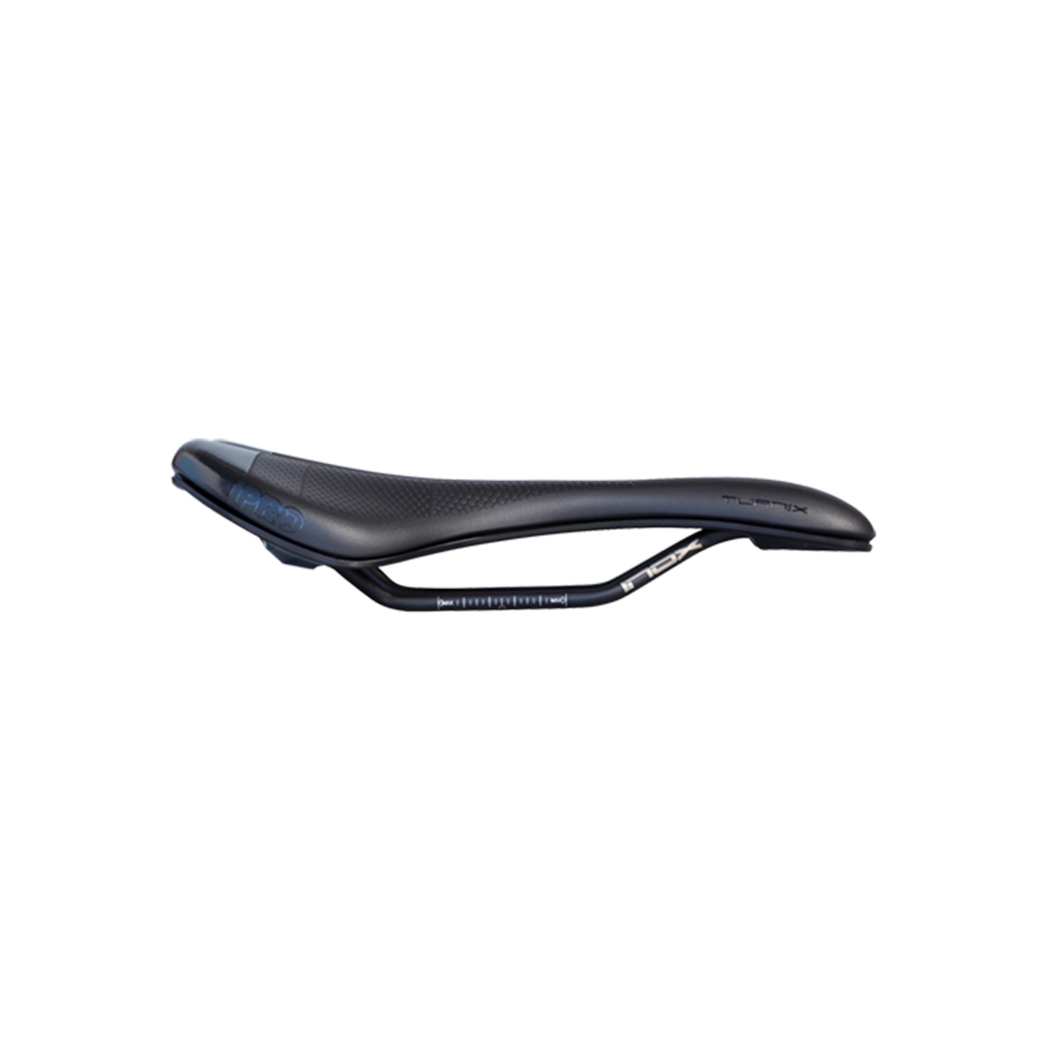 Side profile of the PRO Turnix Gel road saddle at bicycle. Richmond, London, featuring gel inserts and a glassfibre reinforced base for vibration absorption.