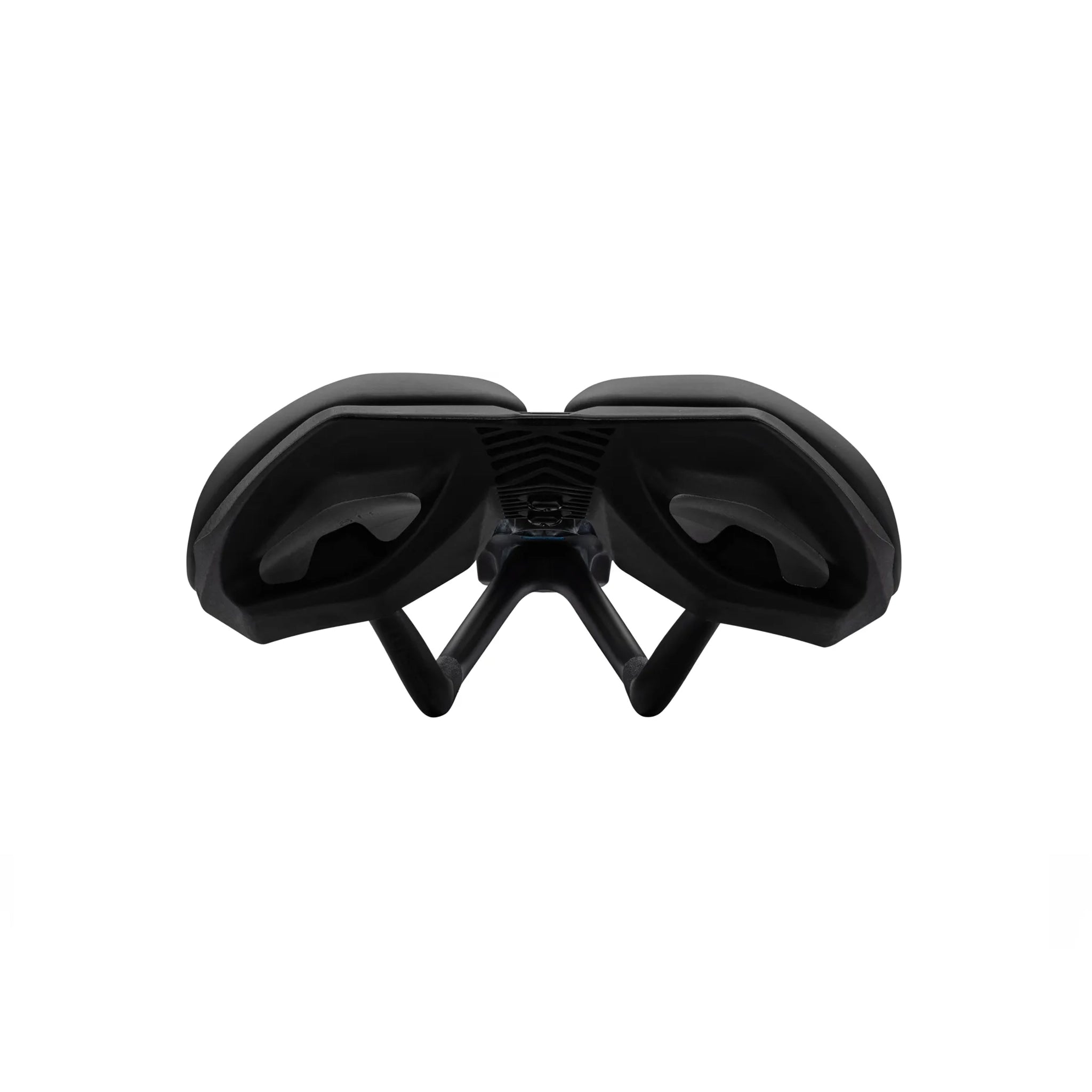 Rear detail of the PRO Turnix Team saddle at bicycle. Richmond, showcasing the lightweight carbon rails and carbon base construction.