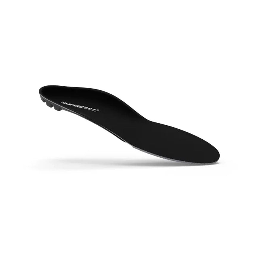 A pair of Superfeet All-Purpose Support Low Arch insoles (formerly Superfeet Black) at bicycle. Richmond, London, featuring a slim, low-profile design and stabiliser cap ideal for optimised support in tight-fitting cycling shoes.