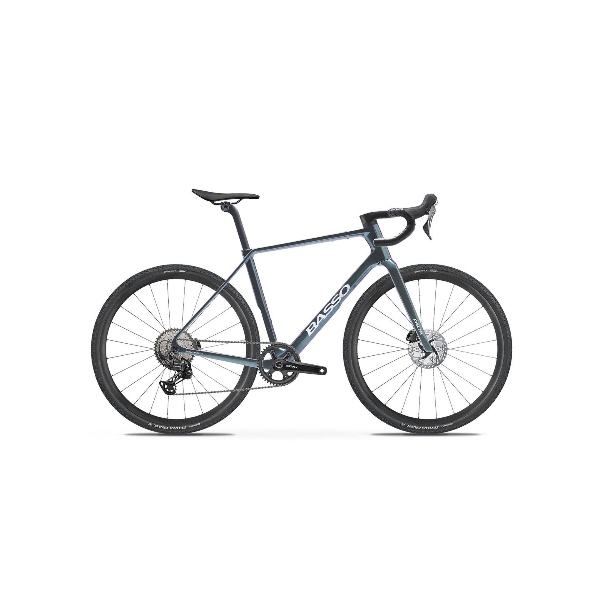 Side view of the Basso Palta III in Galaxy at bicycle. London, showcasing the hand-painted Italian frame paired with a high-performance Shimano GRX drivetrain for maximised power transfer and off-road reliability.