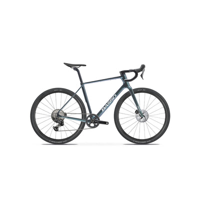 Side view of the Basso Palta III in Galaxy at bicycle. London, showcasing the hand-painted Italian frame paired with a high-performance Shimano GRX drivetrain for maximised power transfer and off-road reliability.