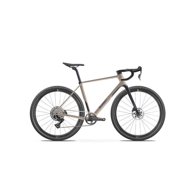 Side-on profile of the Basso Palta III in the Earth-toned Dust finish at bicycle. Richmond, London, illustrating the refined 'Fast Ground' silhouette and increased 50 / 52mm tyre clearance for elite off-road performance.