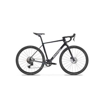 Full side-on profile of the Basso Palta III in Black at bicycle. Richmond, London, equipped with the specialist Shimano GRX groupset and integrated Paradigma cockpit for optimised mechanical reliability and control on technical trails.