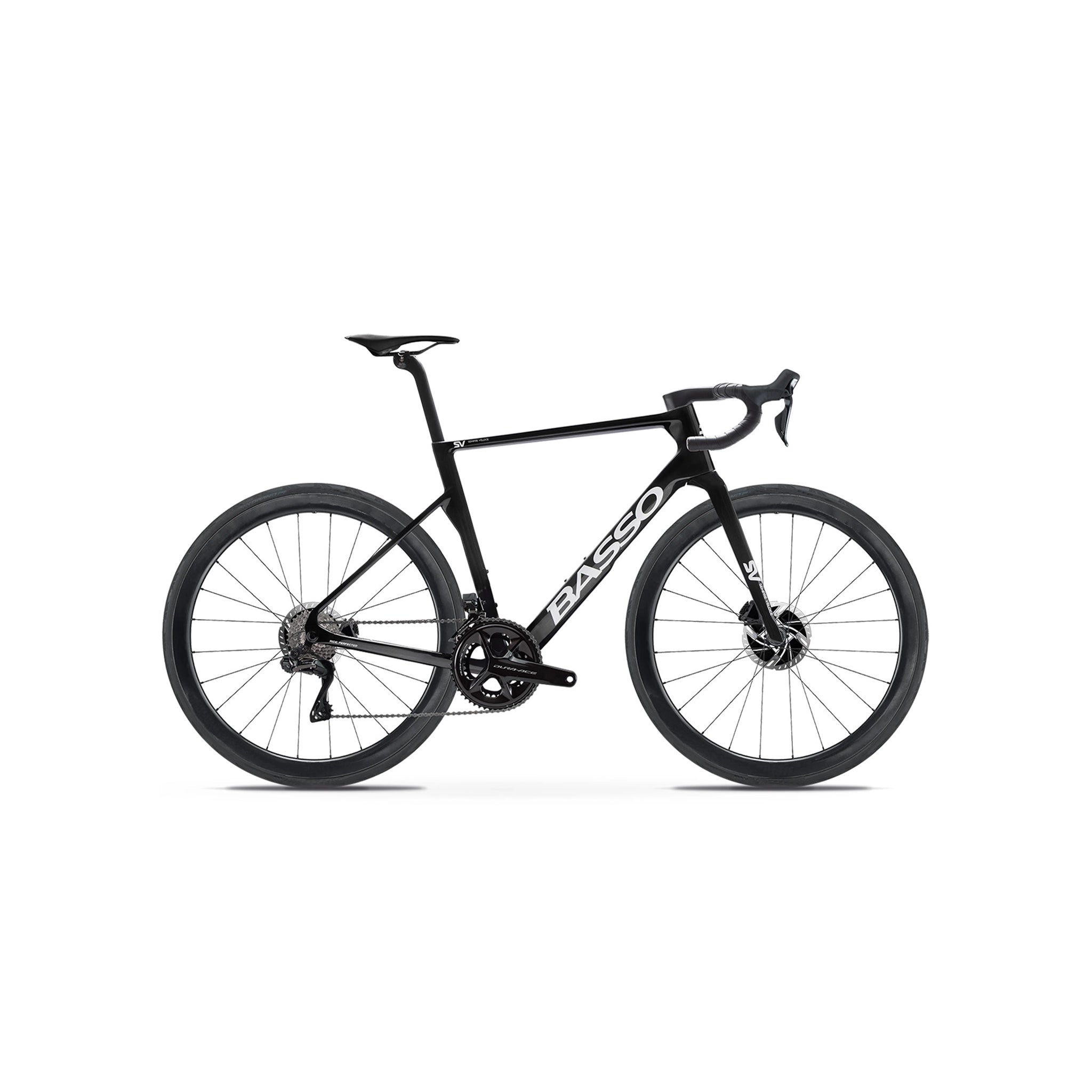 Full side-on profile of the Basso Diamante SV in Black at bicycle. Richmond, London, featuring the high-durability Ceramic Nano Tech finish and flagship Shimano Dura-Ace Di2 groupset for optimised racing performance.