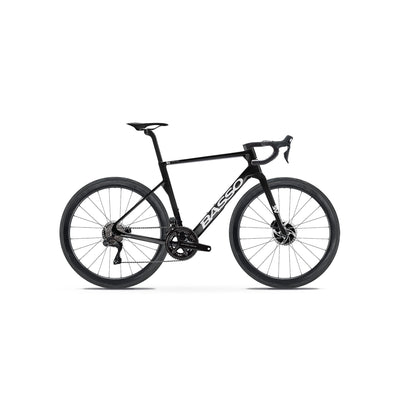 Full side-on profile of the Basso Diamante SV in Black at bicycle. Richmond, London, featuring the high-durability Ceramic Nano Tech finish and flagship Shimano Dura-Ace Di2 groupset for optimised racing performance.
