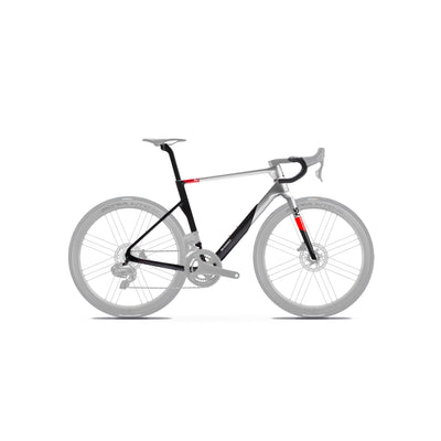 Full side-on profile of the Basso Diamante SV specialist road frameset in Rosso Vivo at bicycle. Richmond, London, featuring the standard Fuga integrated handlebar and electronic-only internal routing for optimised racing performance.