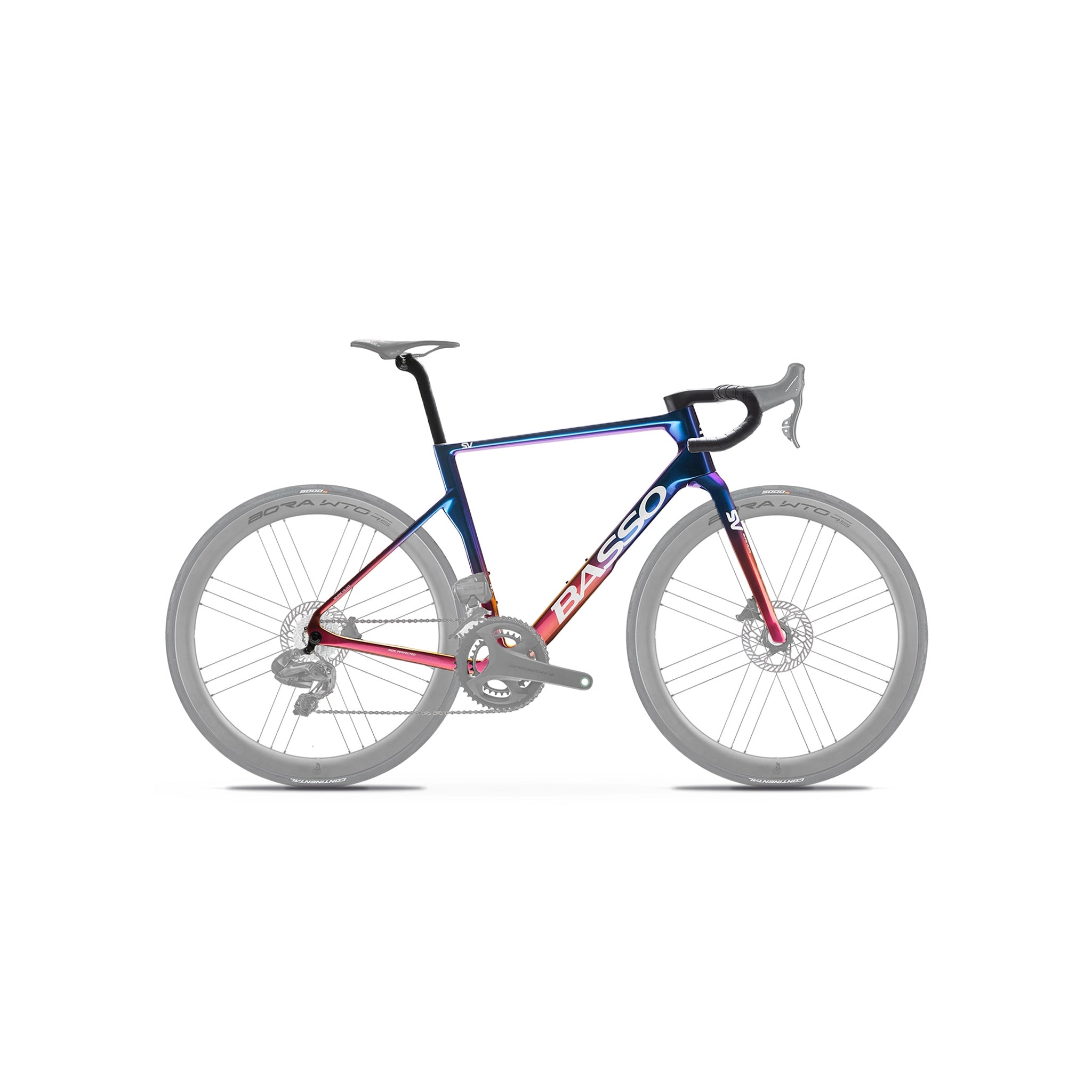 Full side-on profile of the Basso Diamante SV specialist road frameset in Galaxy at bicycle. Richmond, London, illustrating the iridescent hand-painted finish and integrated Fuga cockpit, with Levita bars available on request.