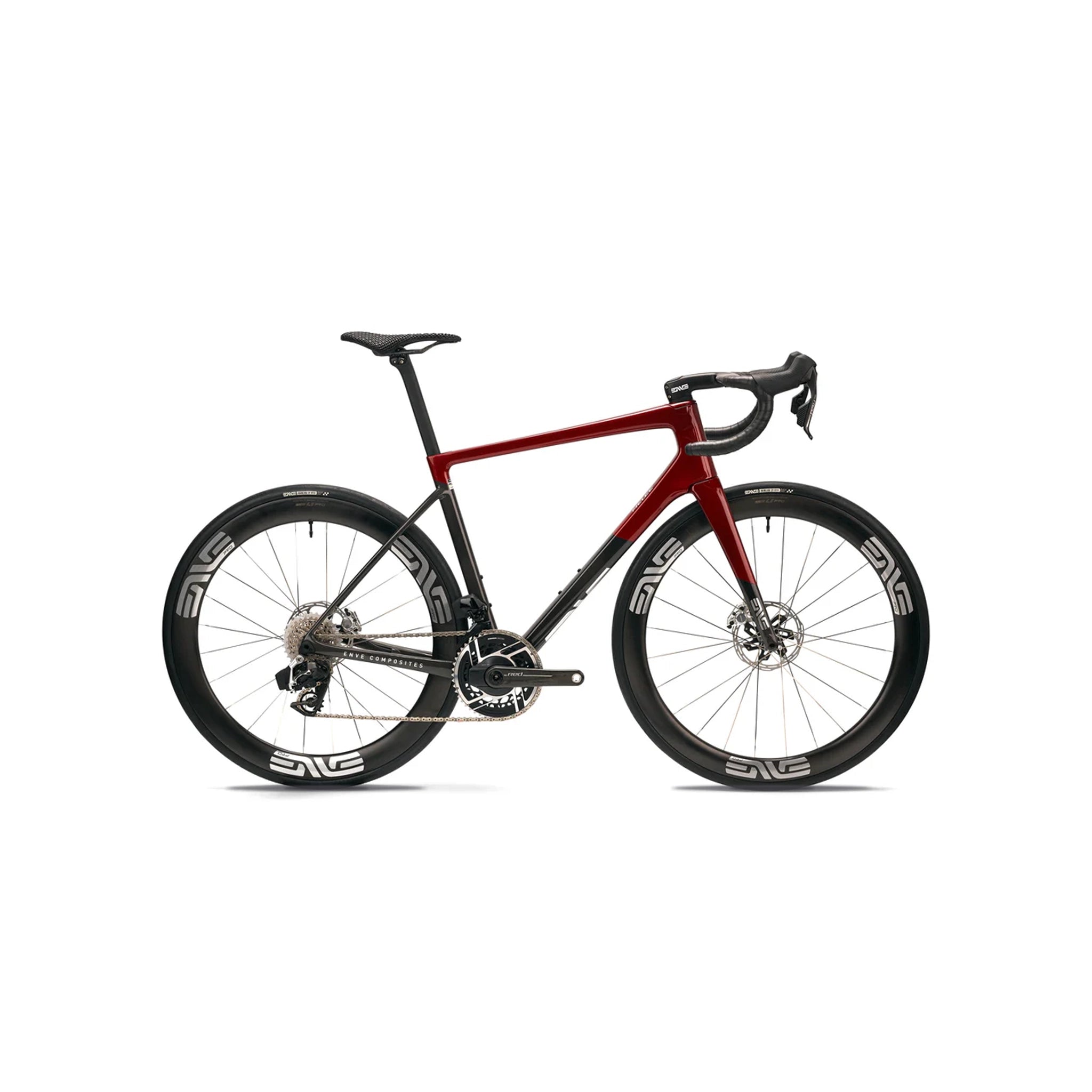 Full side-on profile of the ENVE Melee road race bike in Iconic Red at bicycle. Richmond, London, featuring a high-modulus carbon fibre frame and optimised IN-Route aerodynamic integration for elite racing performance.