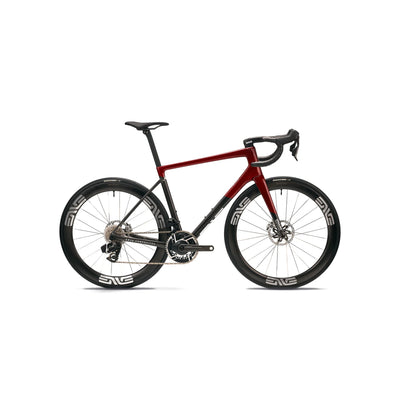 Full side-on profile of the ENVE Melee road race bike in Iconic Red at bicycle. Richmond, London, featuring a high-modulus carbon fibre frame and optimised IN-Route aerodynamic integration for elite racing performance.