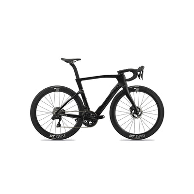 Side view of the Pinarello Dogma F specialist frame at bicycle. London, showcasing the redesigned Onda fork and Aero-Head tube for optimised airflow and steering precision.