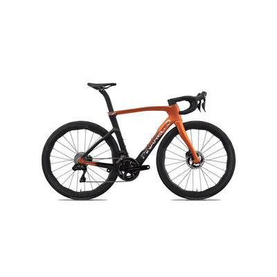 Full side-on profile of the New Pinarello Dogma F specialist racing bike at bicycle. Richmond, London, featuring the flagship TorayCa T1100 1K carbon fibre frame and World-Tour winning aerodynamic geometry.