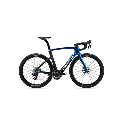 Side-on view of the Pinarello Dogma F specialist road bike at bicycle. London, showcasing the fully integrated internal cabling and optimised aerodynamic tube shaping for maximised speed and elite racing performance.