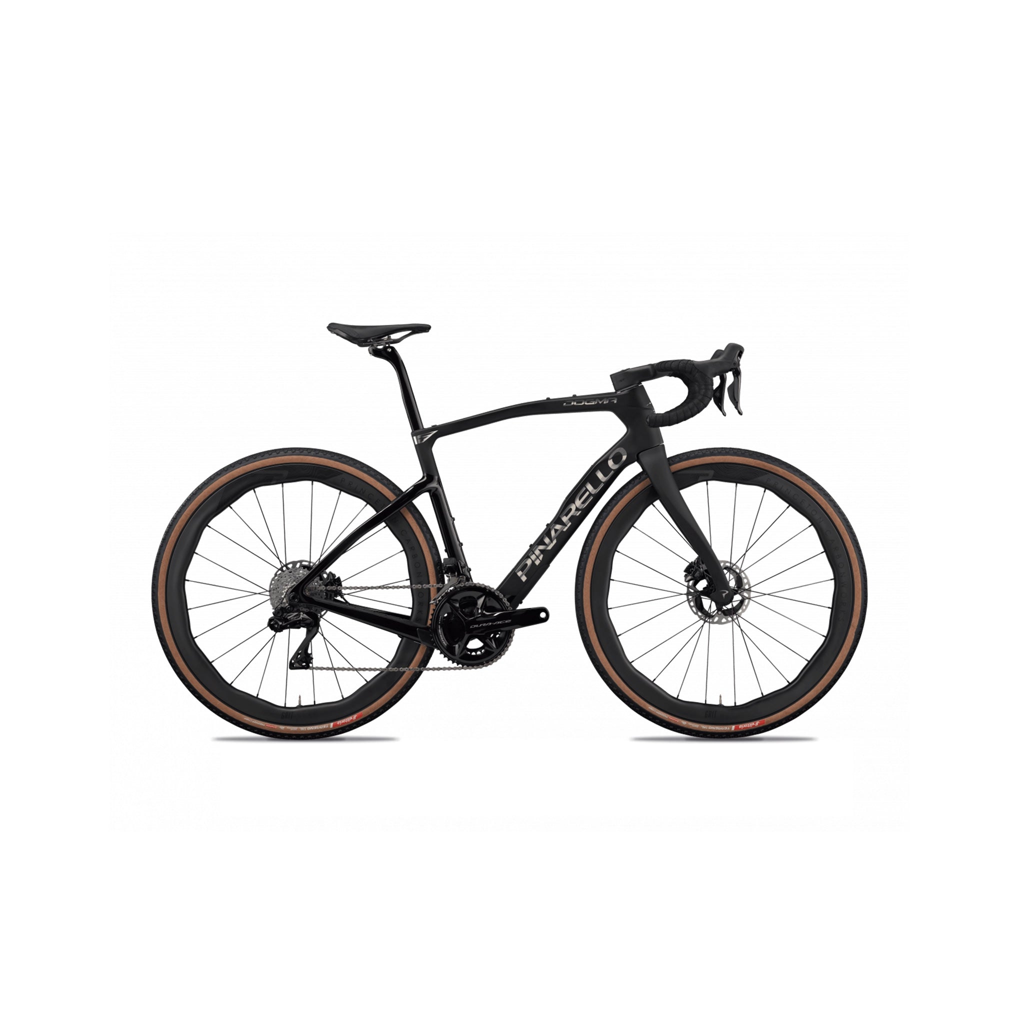 Detailed side profile of the Pinarello Dogma GR frame kit at bicycle. Richmond, highlighting the ultra-stiff T1100 carbon layup and maximised clearance for high-volume gravel tyres on Pinarello’s premier off-road platform.