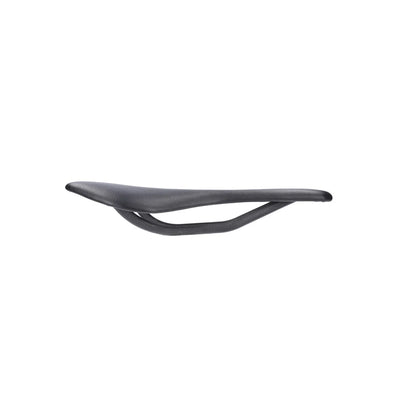 Side profile of the Berk Lipa short carbon saddle at bicycle. Richmond, London, featuring a T-shape design to minimize friction on the front of the saddle.