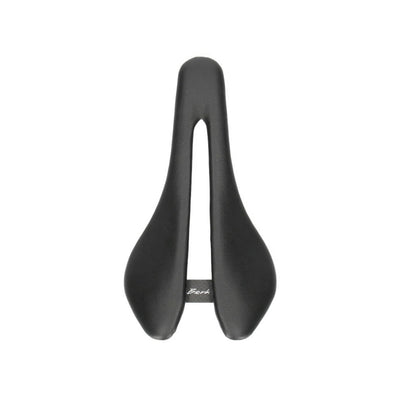 Top-down view of the Berk Lupina Short saddle, a specialist carbon road saddle available at bicycle. London, featuring a curved rear for increased stability.