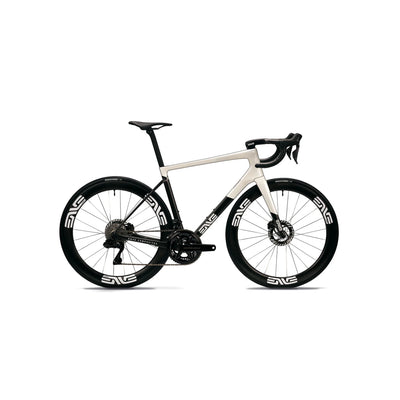 Side view of the ENVE Melee specialist road bike in Aspen White at bicycle. London, showcasing the clean aerodynamic silhouette and maximised 35mm tyre clearance for high-speed versatility on any road.
