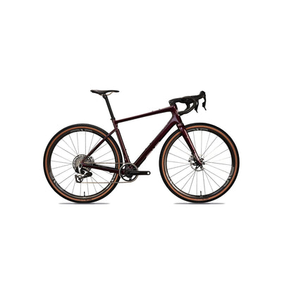 Side-on profile of the ENVE MOG in Hollyhock Purple at bicycle. Richmond, London, illustrating the elite carbon fibre construction and integrated Cargo Bay storage for optimised off-road self-sufficiency.