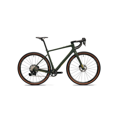 Full side profile of the ENVE MOG in Recon Green at bicycle. Richmond, London, highlighting the specialist gravel racing geometry and maximised tyre clearance designed for rugged terrain.