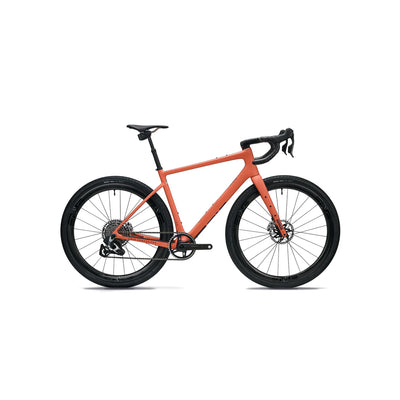 Full side-on profile of the ENVE MOG in Wayfinder Coral at bicycle. Richmond, London, showcasing the striking specialist finish and fully integrated internal cable routing for a maximised racing advantage.