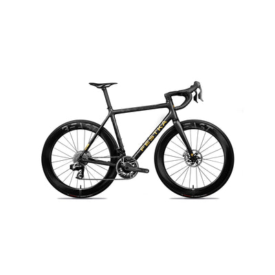 Side-on profile of the Festka ONE Gold specialist road bike at bicycle. Richmond, London, featuring a hand-built carbon fibre frame with filament-wound tubes and an artisan gold finish for maximised performance.