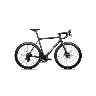 Side view of the Festka ONE Silver specialist build at bicycle. London, showcasing the unique structural braid of the filament-wound carbon tubes and optimised power transfer.