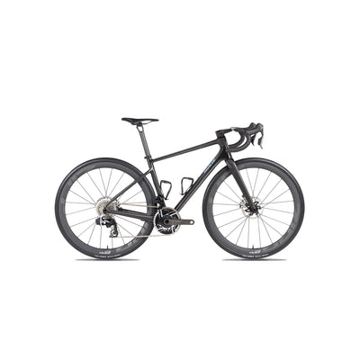 Detailed view of the Parlee Ouray specialist build at bicycle. Richmond, showcasing the raw carbon waxed finish, dropped stays for tuned compliance, and fully integrated internal cabling.