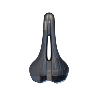 Top-down view of the PRO Griffon Gel saddle at bicycle. London, featuring a flat side profile, rounded rear, and anatomical pressure relief channel.
