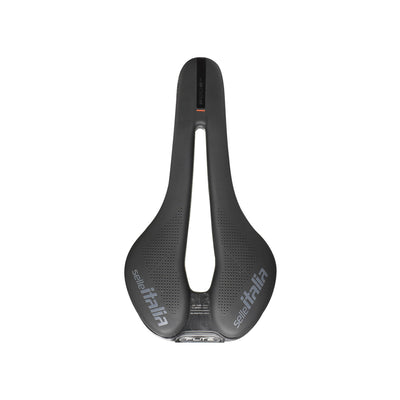Top-down view of the Selle Italia Flite Boost Kit Carbonio Superflow at bicycle. London, showcasing the iconic Superflow cutout for specialist pressure relief.