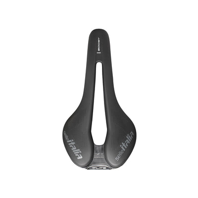 Top-down view of the Selle Italia Flite Boost TM Superflow at bicycle. London, featuring the specialist Superflow cut-out for incredible pressure relief and comfort.